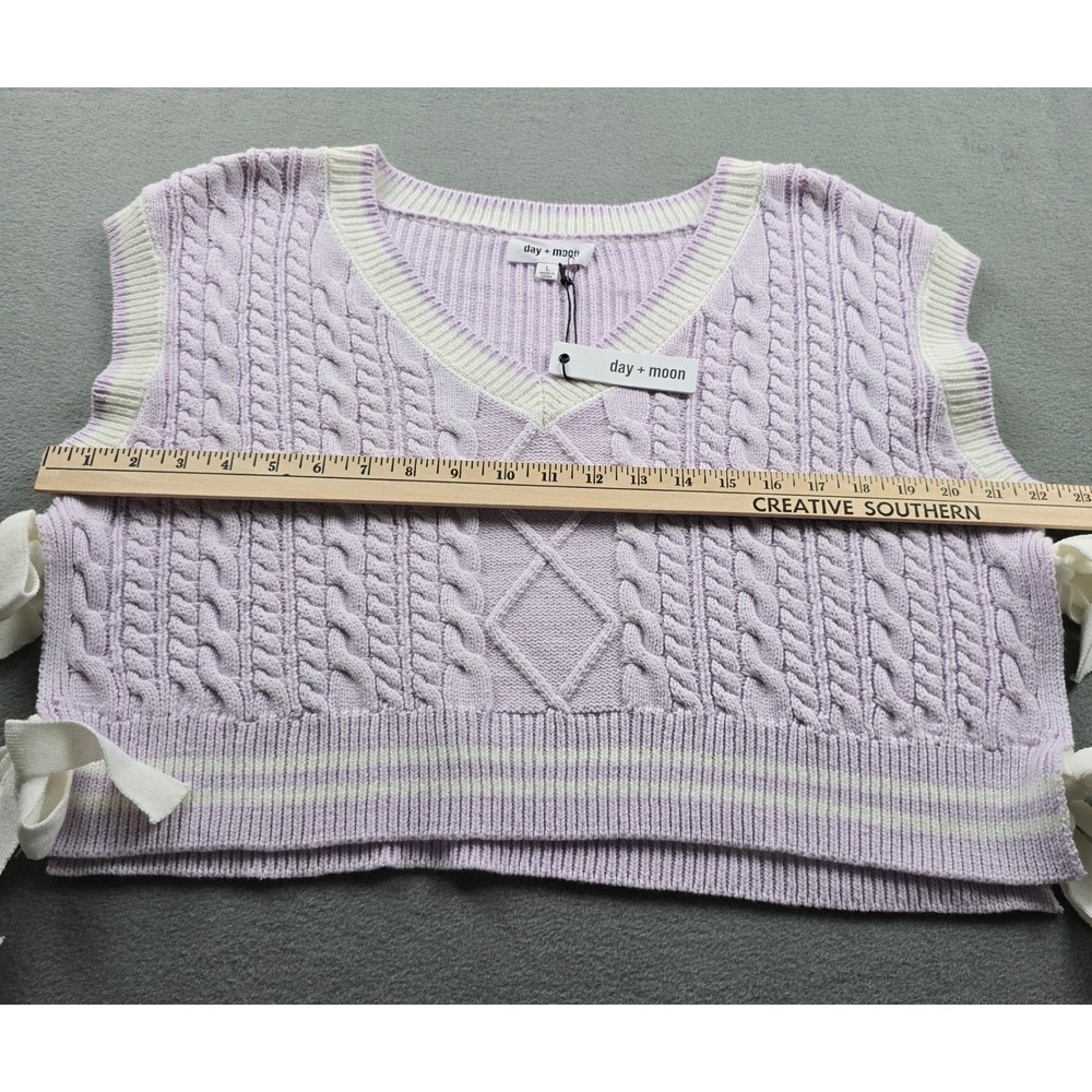 Day + Moon Lavender Cable Knit Sweater Vest Side Bow Ties V-Neck Large A2943 - Picture 3 of 8